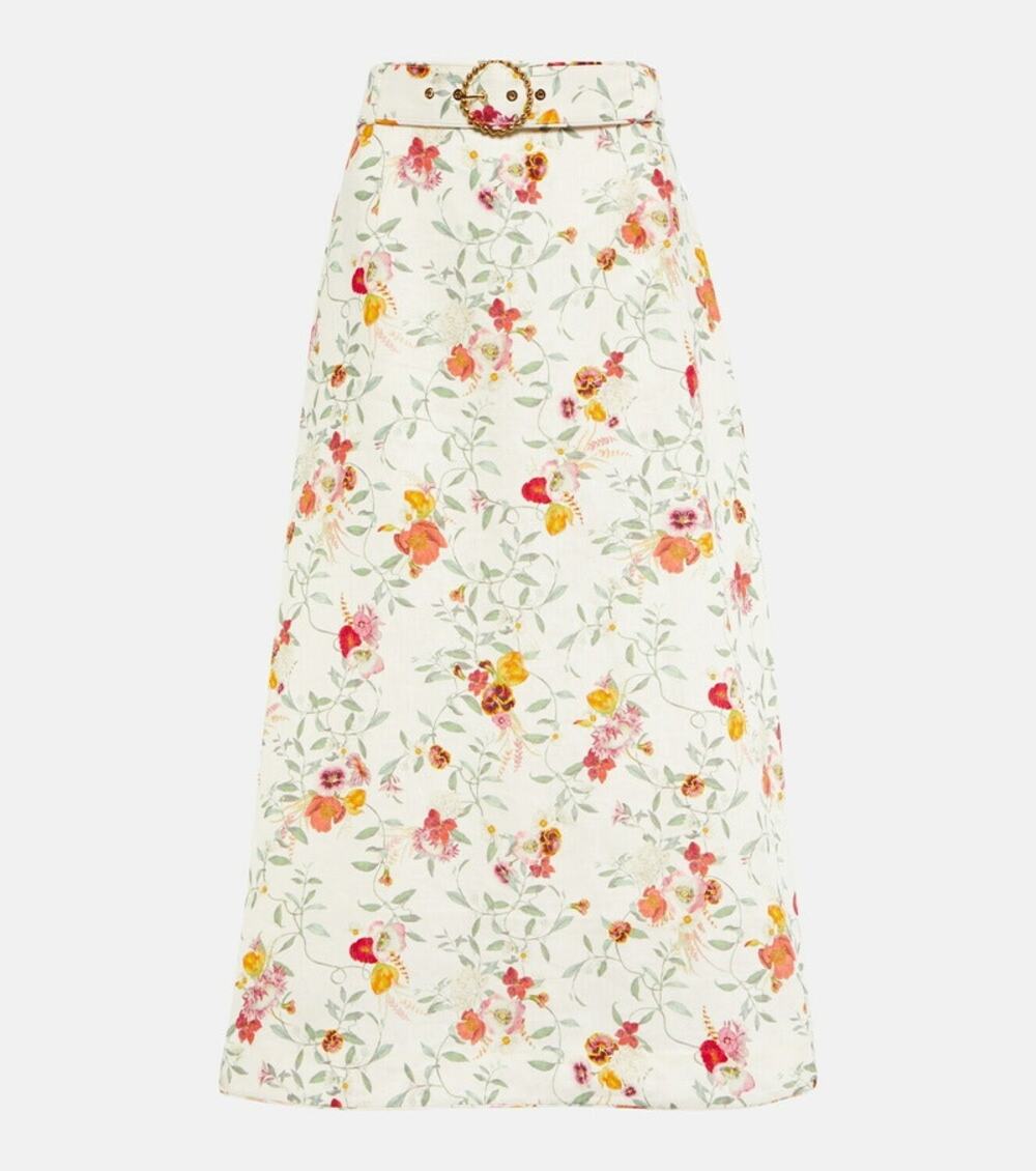 Zimmermann Women's Linen Midi Floral Belted Elka Vine Ivory Wonderland Skirt